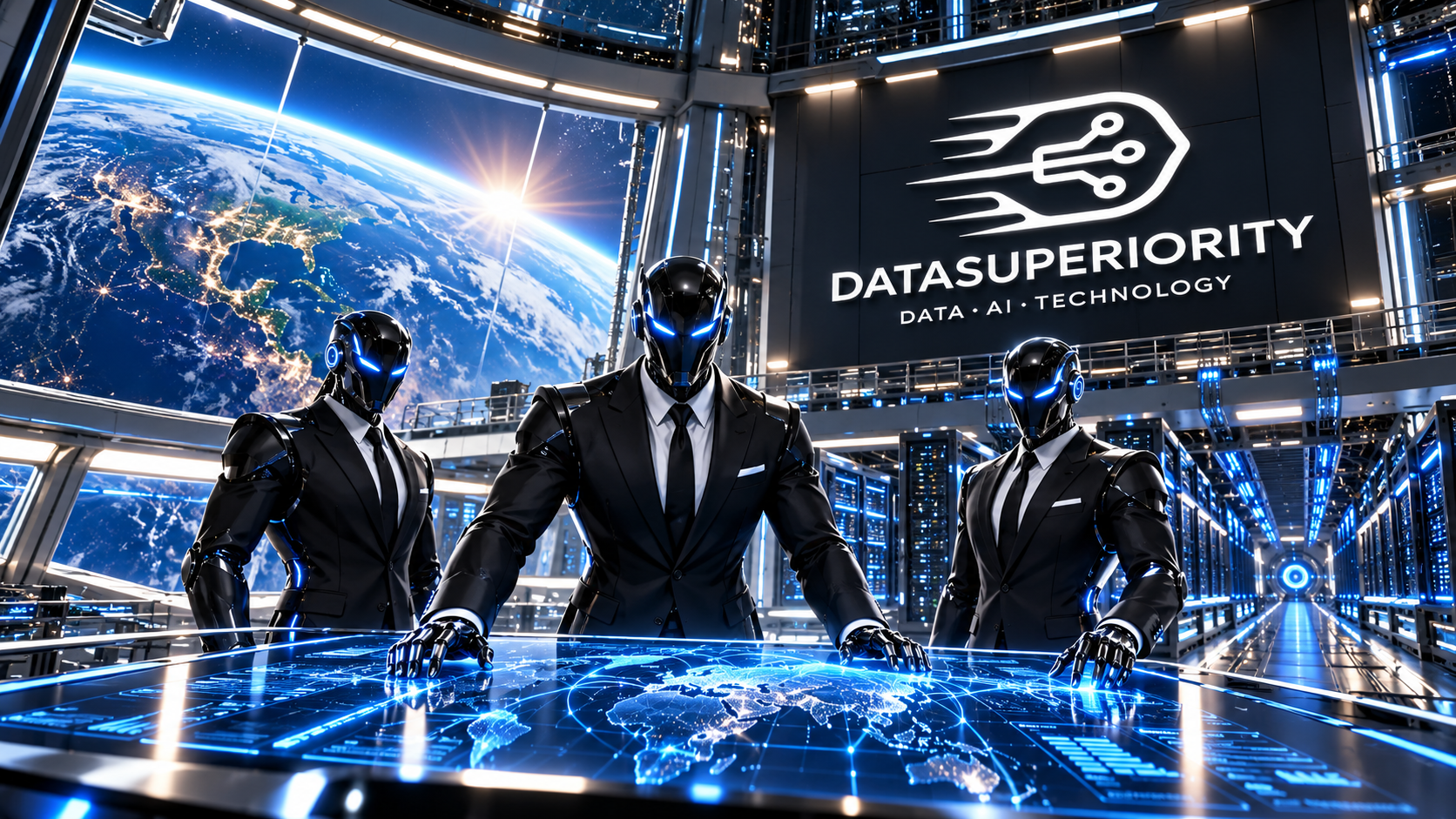 Concept artwork of three corporate AI agents inside a Datasuperiority orbital datacenter