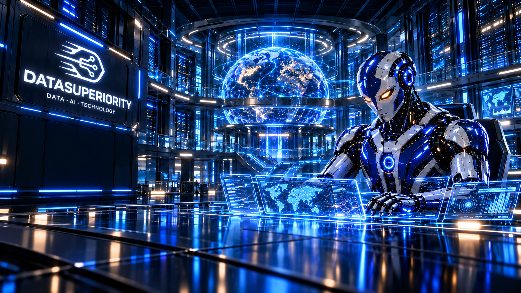 Datasuperiority’s logo integrated into a futuristic data facility, with a blue mechanical AI agent operating a console.