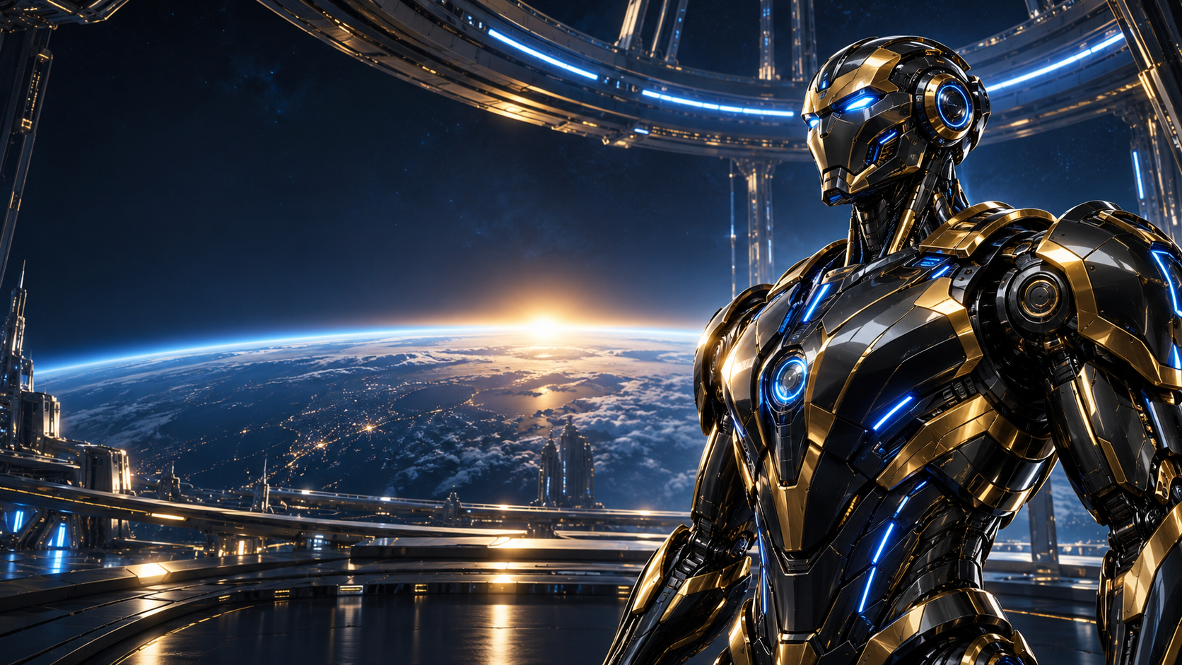 An armored blue-eyed AI robot in an orbital observatory above Earth.